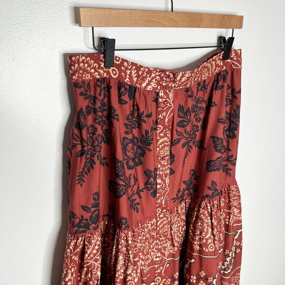 Sundance Midi Skirt Womens Large Rust Red Floral Boho Tiered Pockets Cotton - Picture 4 of 9